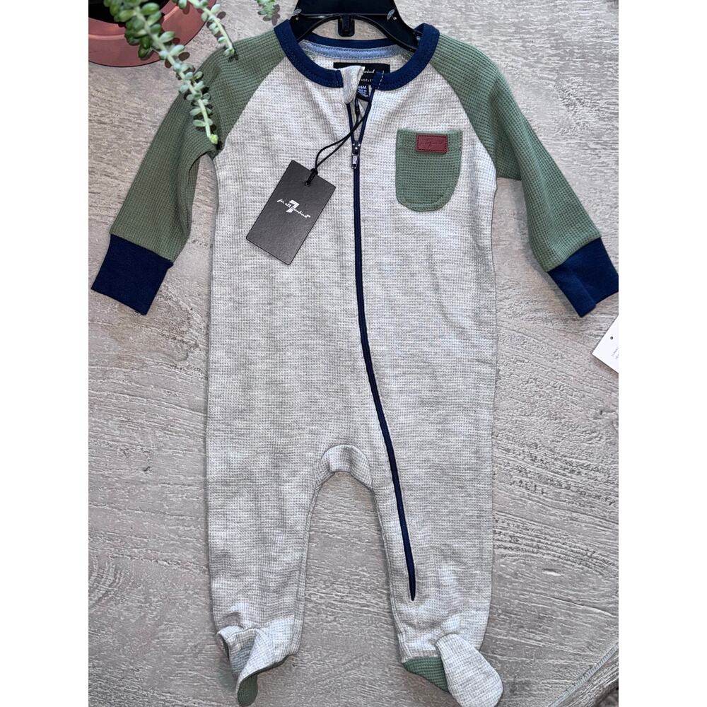7 For All Mankind Raglan Waffle Knit Footie – Gray/Green/Blue – 3–6 Months NEW